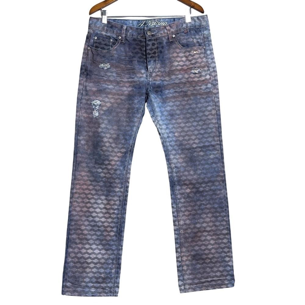 A Tiziano Distressed Slim Jeans Mens Size 34 Geometric Blue Streetwear Grunge